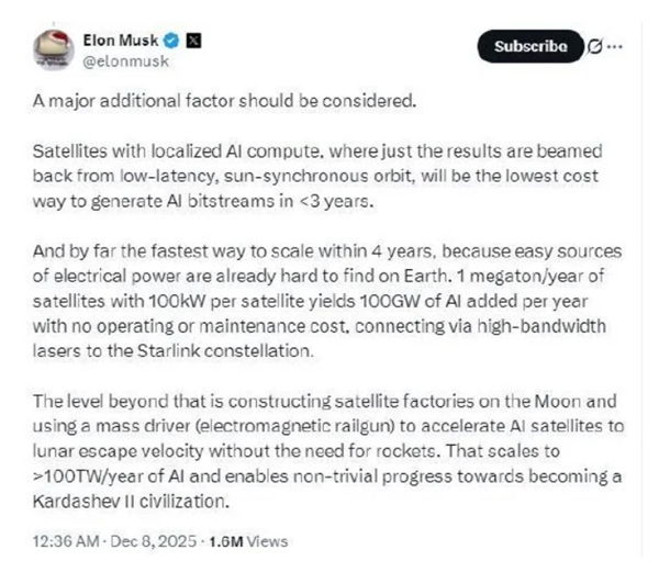 马斯克谈每年发射100万吨AI卫星：大规模运行AI最低成本方式